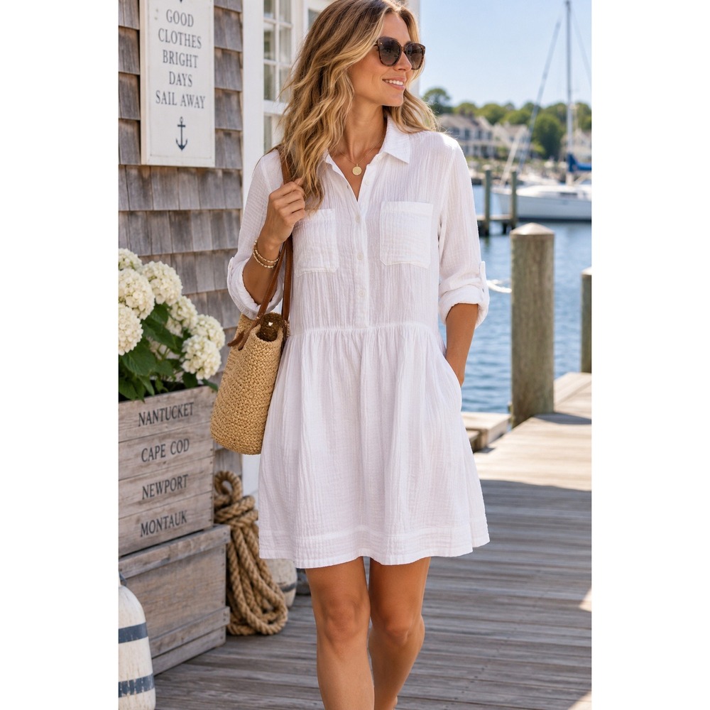 Vineyard Vines Women's Gauzy Drop Waist Shirt Dress White Sz 12 Coastal Preppy